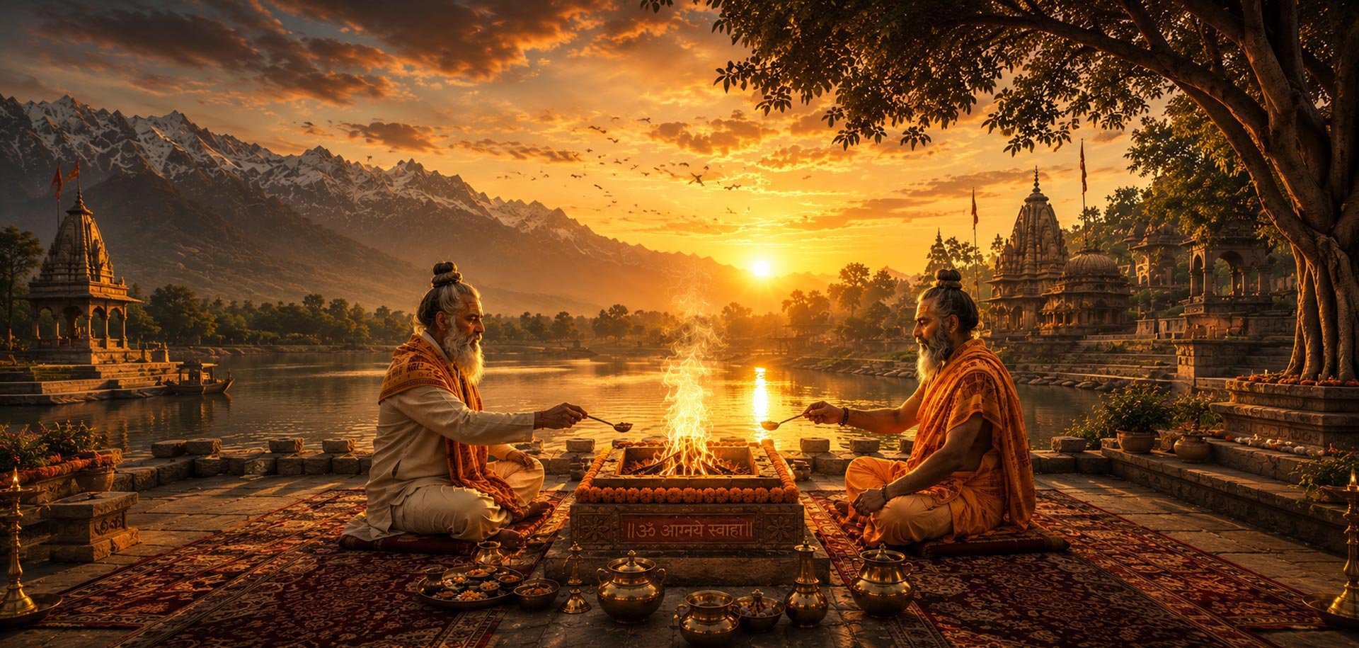 Stylized illustration of sages performing Agnihotra fire ritual at sunrise beside a river with mountains and temples in the background